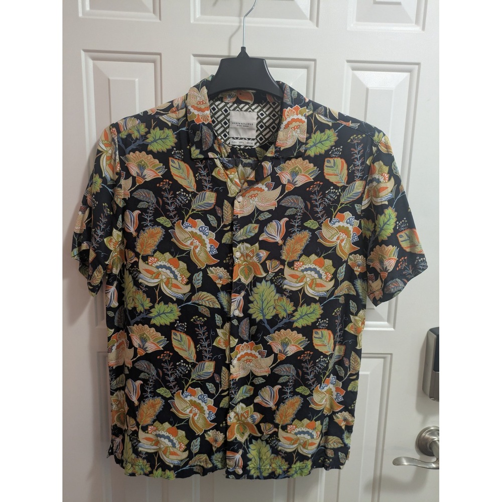 Denim & Flower Ricky Singh Mens Floral Paisley Button Up Shirt Short Sleeve Sz L